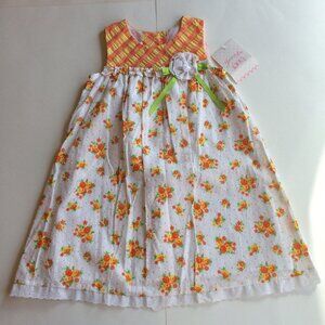 New Yellow Orange Rose Dress 4T White Swiss Dot Floral Seersucker Plaid